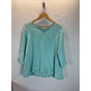 Match Point size S long sleeve Linen Boxy Top Turquoise Blue Ruffle Trim Coastal